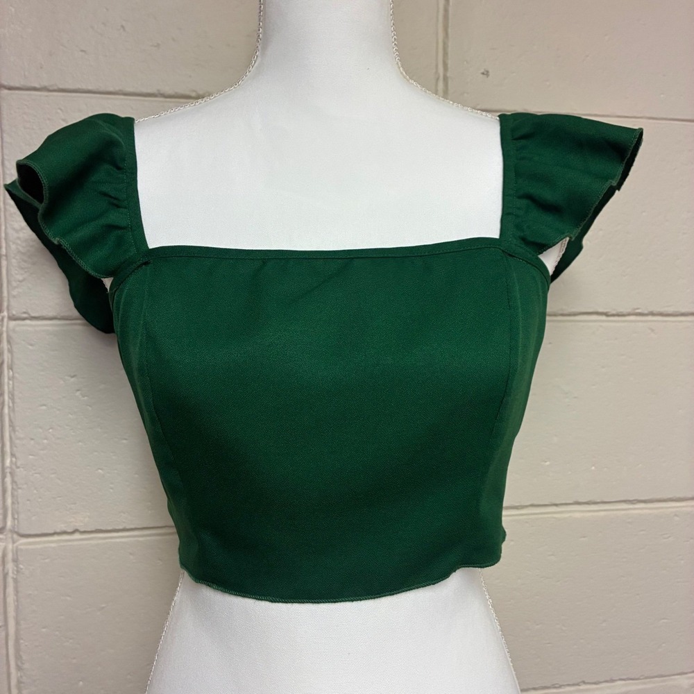 Fairy Crop Top Womens Large Green Ruffle Sleeve Smocked Festival Cottage Boho